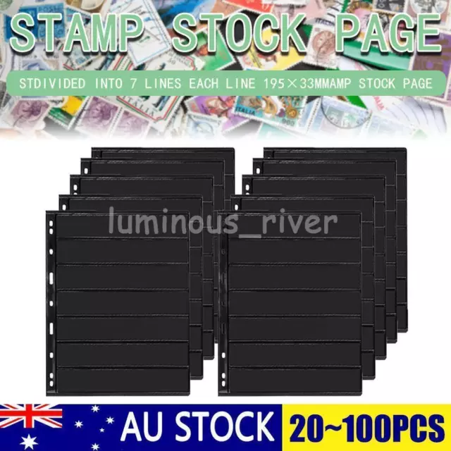 20~100 Sheets of Stamp Stock Black & Double Sided Page (7 Strips) 9 Binder Holes
