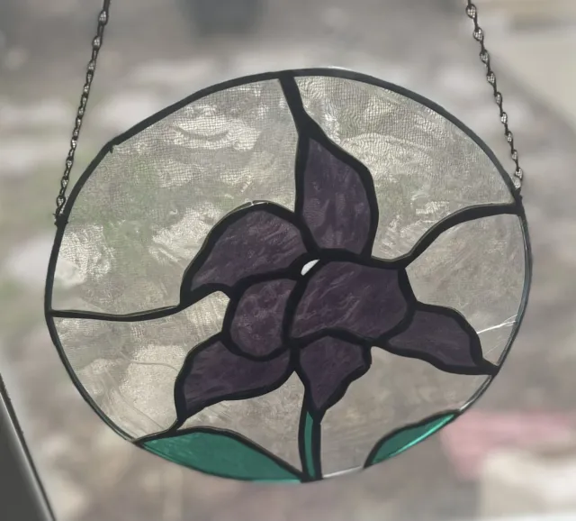 Vtg Leaded Stained Glass Round Window Sun Catcher Flower Purple Iris Hanging Art