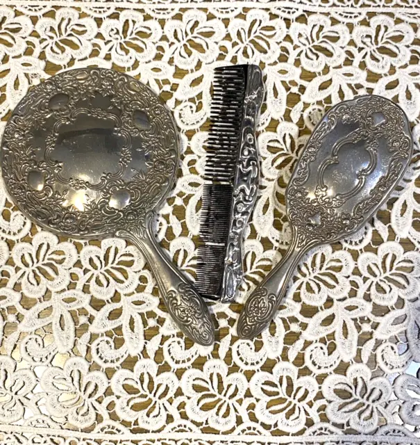 Silver Plated Vintage Dressing Table Vanity Set Brush Comb And Mirror SET PROPS