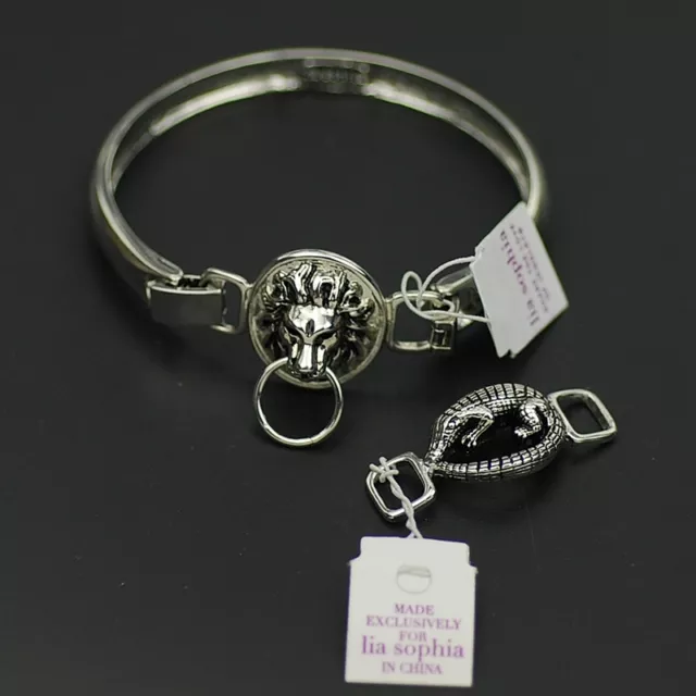 Lia sophia signed jewelry set silver tone bracelet pangolin lion bangle pendant