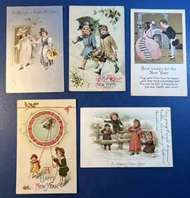 5 Nice Children New Year Antique Postcards. Snow Scenes, Flowers. 2 Shiny fronts