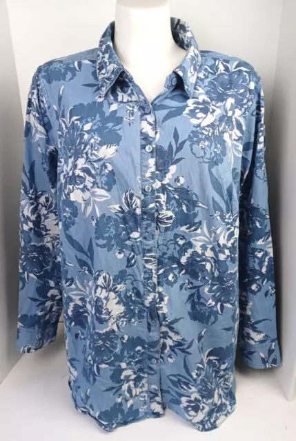 Denim & Co Womens Blouse Top Button Up Shirt Size 2X Blue Floral Long Sleeve