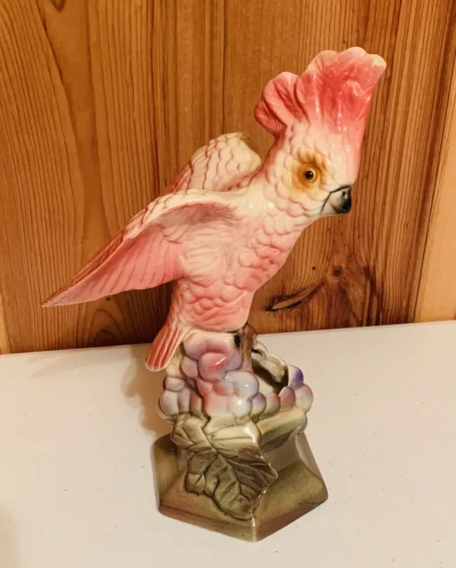 Vintage  MCM Pink Cockatoo Ceramic Planter Vase 11"