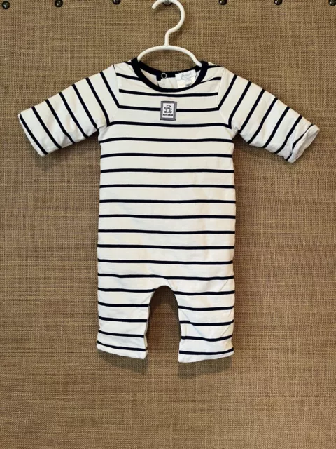 Jacadi Baby Boy White Blue Striped Padded Footless Romper Coverall Size 3 Months