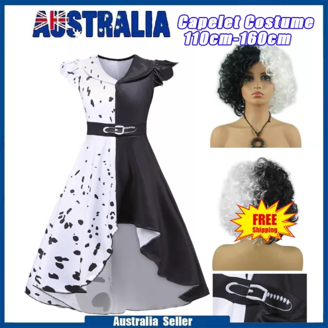 Girls Kids Cruella de Vil Costume Fancy Dress Wig Halloween Cosplay Party Outfit