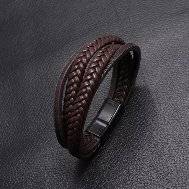 Mens Bracelet Wristband Leather Surfer Cuff Wrap Rope Braid Magnetic Steel Clasp