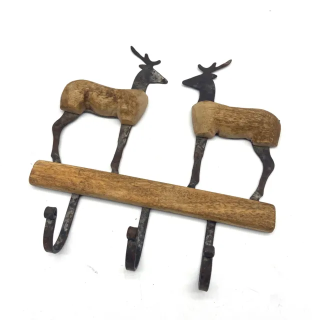 Antique Coat hook racks Salvage wall mount reindeer wood iron Vintage -e