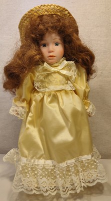 Porcelain Doll Yellow Lacy Dress with Straw Hat Long Brown Hair Blue Eyes