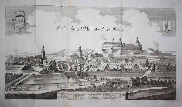 Gotha Panorama Turingia, Germania Vista Engraving Incisione Merian 1650