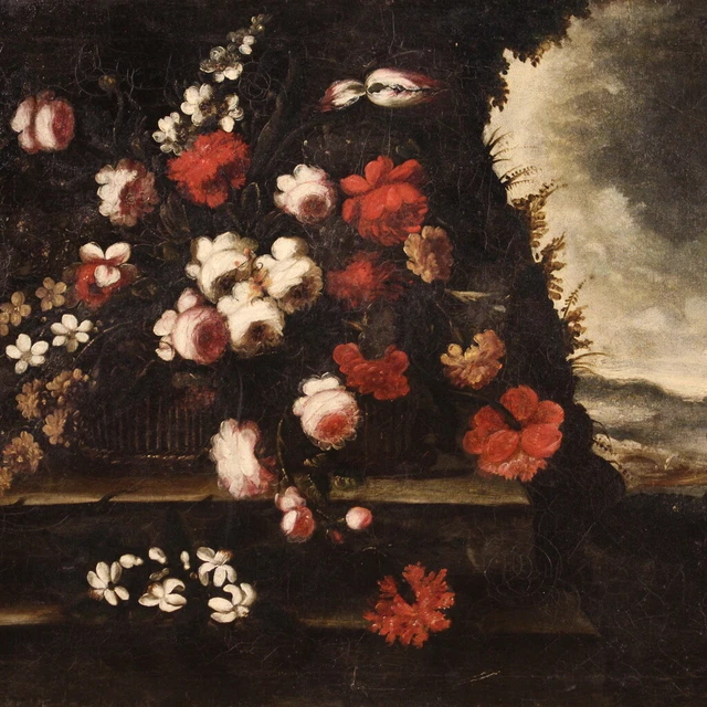 Cuadro antiguo flores bodegon oleo sobre lienzo paisaje pintura 700
