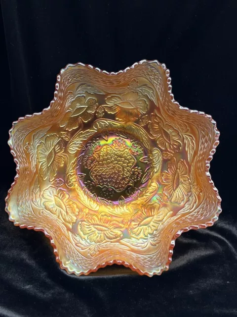 VTG Fenton Carnival Glass Marigold Two Flowers Footed Bowl 9”