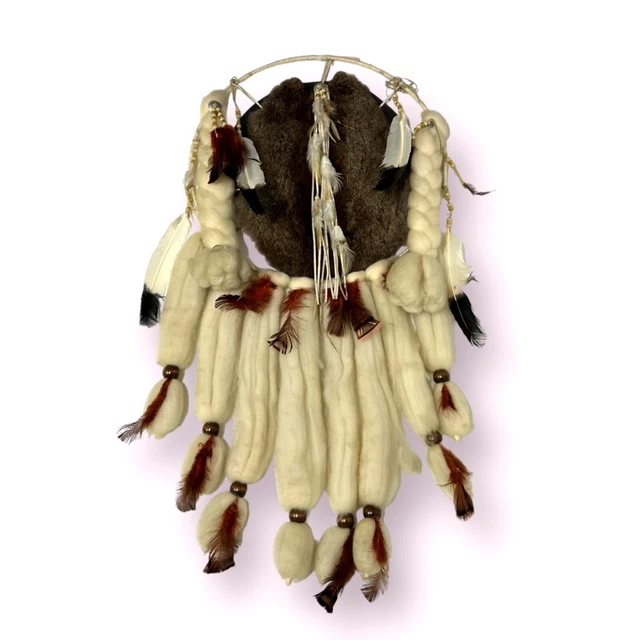 Vtg Native American Indian Dream Catcher Mandala Wool Fur Leather Beads Large