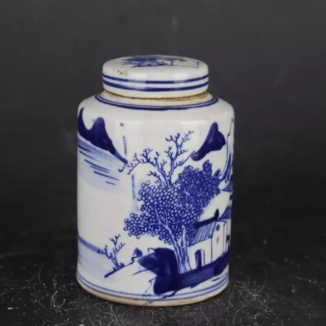 Chinese Blue and White Porcelain Qing Kangxi Landscap Pattern Pot Tea Caddy 5.0" 2