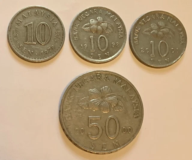 Malaysia Four Coins 50 Sen 2000 3 x 10 sen 1978 1997 2001 Copper Nickel used