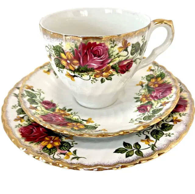 VTG Washington Ironstone Pottery English Rose Trio Cup Saucer Plate Floral Gilt 2