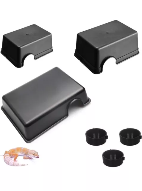 3 pcs Black Reptile And Amphibian Hideout Box With 3 Food Bowls