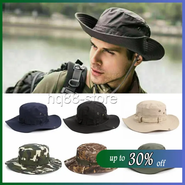 Mens Outdoor Sun Hat Bucket Safari Bush Boonie Hiking Fishing Cap Wide Brim UK