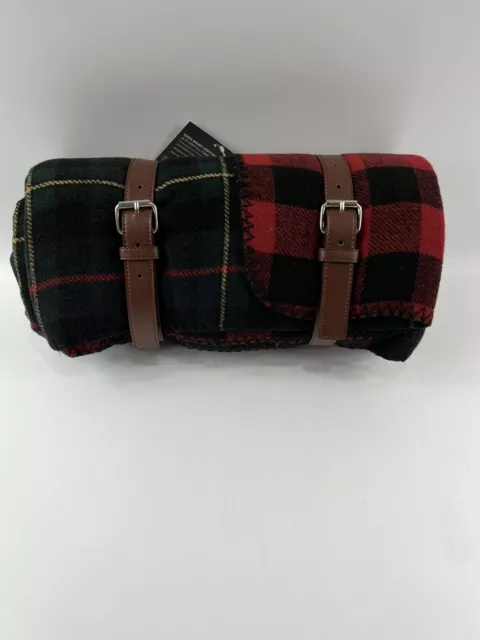 Eddie Bauer Heritage Throw Blanket 60" x 80" Leather Straps Buckles Evergrn