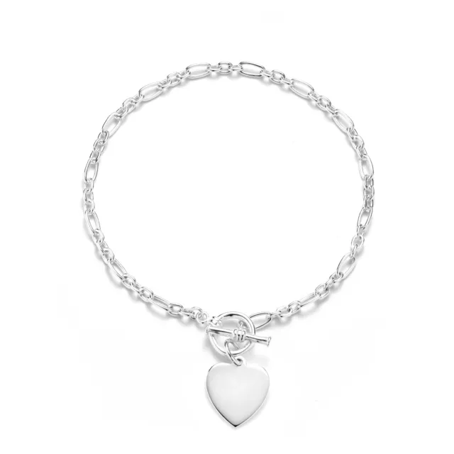 925 Sterling Silver Heart Charm T-bar Bracelet, Figaro Chain, Multiple Lengths