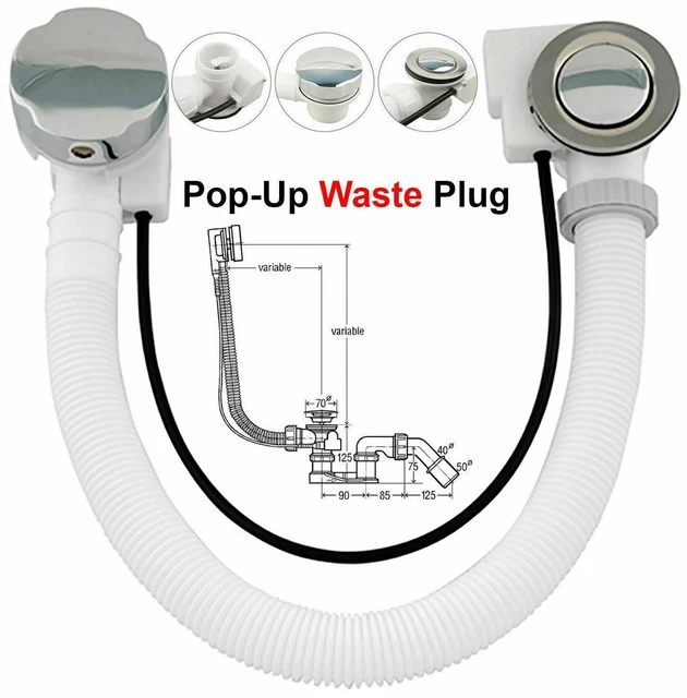 OVERFLOW POP UP Waste Plug Concealed Bath Plastic Pipe Twist Chrome