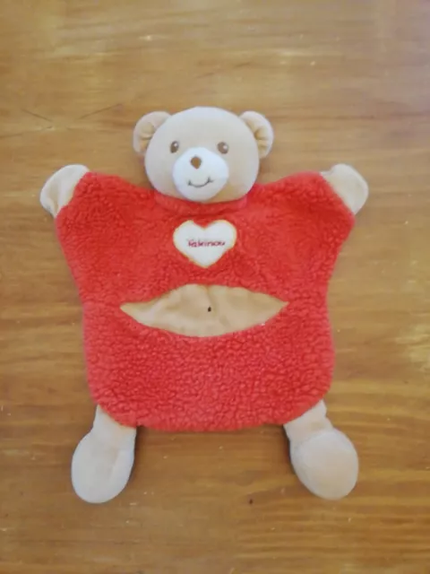 Doudou Takinou Ours Marron Beige Rouge Marionnette Cœur Coeur