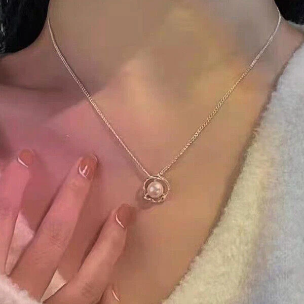 925 Silver Filled Pearl Flower Pendant Chain Necklace Womens Girl Jewelry Choker