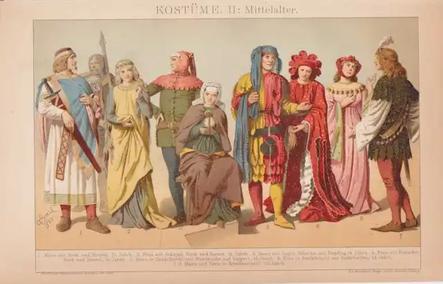 KOSTÜME Mittelalter 11.-15. Jahrhundert LITHOGRAPHIE von 1898