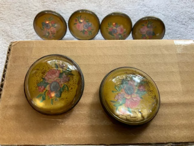 Set of 6 Victorian Glass Flowers Picture Nail Covers Matching Yellow Bouquets