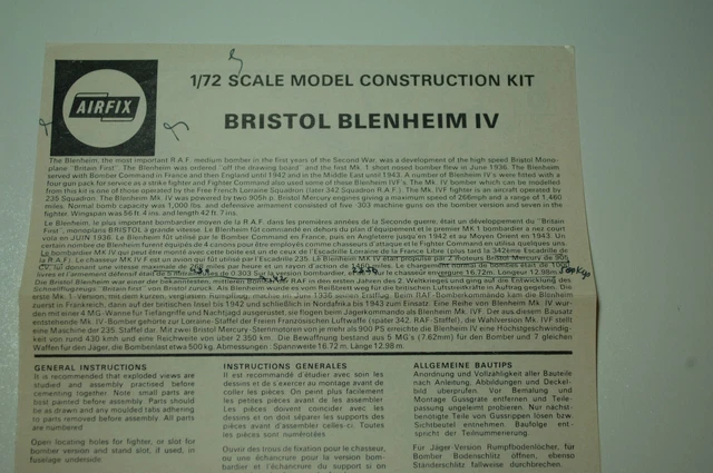 1/72ème PLAN DE MONTAGE POUR BRISTOL BLENHEIM IV  -  pour kit AIRFIX