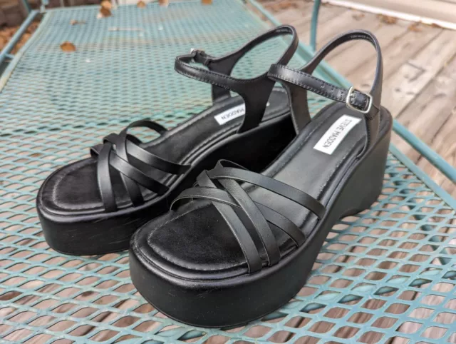STEVE MADDEN Women's Crazy Black Leather Platform Sandals Size 10M