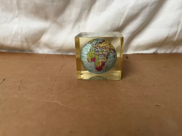 Vintage Lucite / Acrylic Encased Globe, Earth, World - 2 in. Cube Paperweight