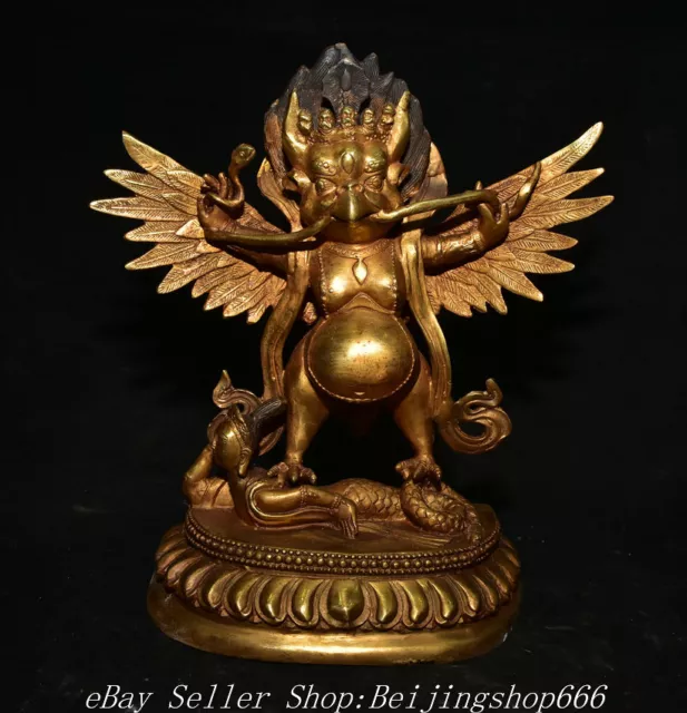 10.2" Old Tibet Bronze Gilt Redpoll Winged Garuda Bird Eagle Buddha Statue