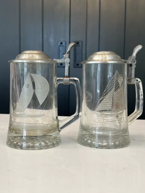 OLD SPICE SHIPS ALWE Etched Glass Beer Mug Stein Pewter Lid German America’s Cup