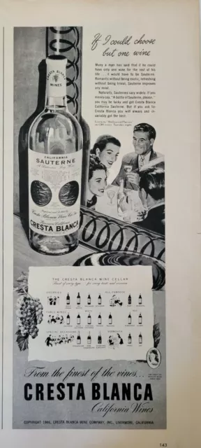 1940s Cresta Blanca California Blanca Sauterne wine bottle vintage ad