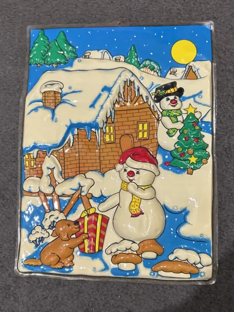 Vintage Christmas Plastic 4D Decorative Sign - 51cms X 39cms - Snowman Scene