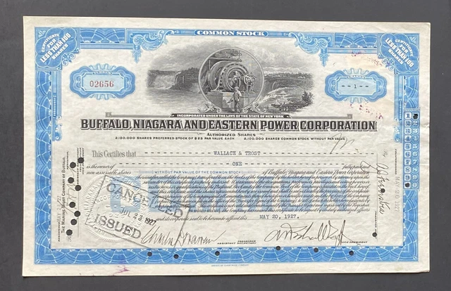 BUFFALO, NIAGARA & EASTERN POWER Stock 1927. NY Inc 1925. Paul Schoelkopf SIG