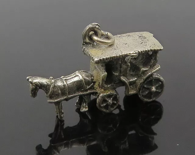 925 Sterling Silver - Vintage Old Fashioned Horse & Carriage Pendant - PT17137