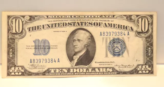 1934 A US $10 Silver Certificate VF+ A83979384A