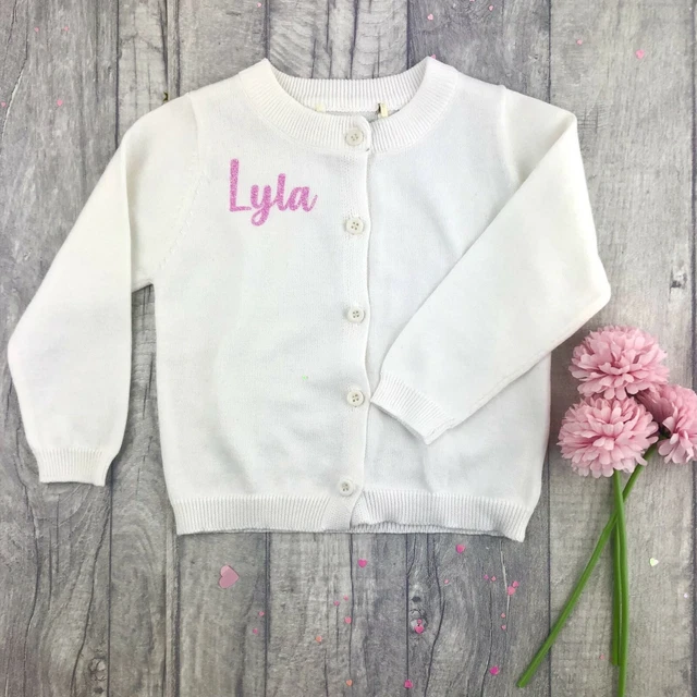 PERSONALISED GIRLS WHITE CARDIGAN Baby Toddler Jacket Pink Glitter Name
