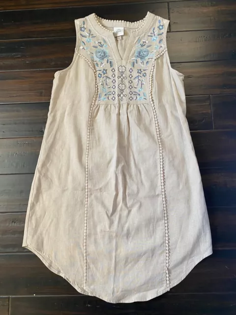 KNOX ROSE Dress Women's L Beige Embroidered Linen Blend Peasant Boho Sleeveless