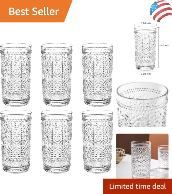 Set of 6 Romantic Water Glasses - 12 oz Capacity for Beverages, Refreshments