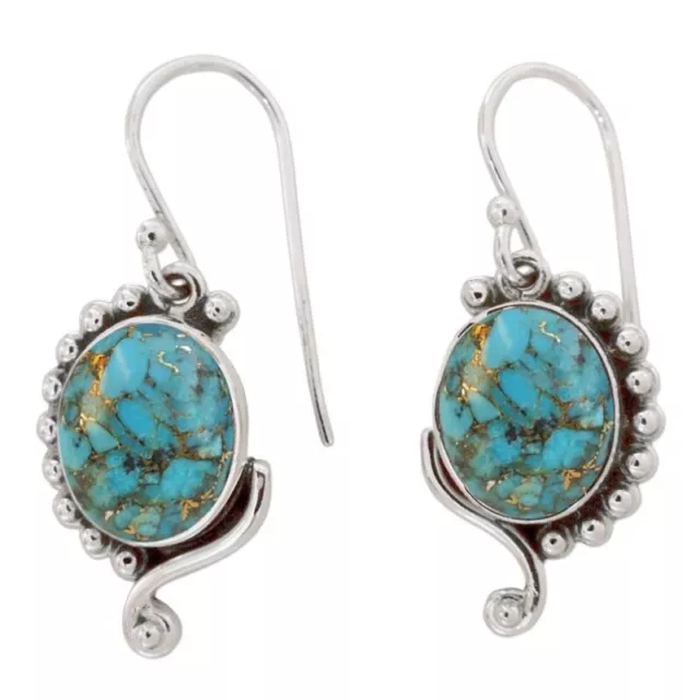 925 Sterling Silver Genuine Blue Copper Turquoise Oval Shaped Handmade Earrings