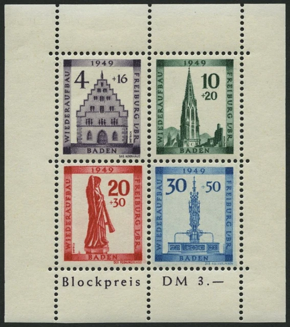 BADEN Bl. 1AI **, 1949, Bl. Freiburg, gez., Abart Sirene neben Sockel des Engels