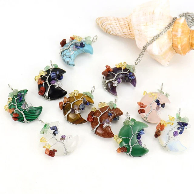 Tree of Life Moon Necklace Chakra Crystal Gem Stone Pendant Healing Amulet Reiki