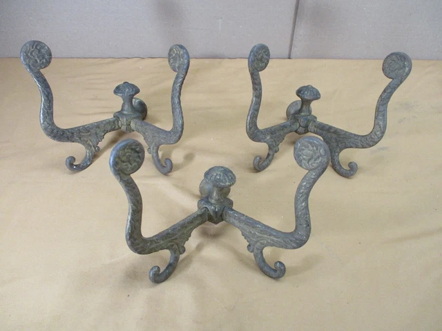 3  Antique Victorian DOUBLE HOOKED Cast Iron Ornate Hall Seat Tree Hooks Hangers