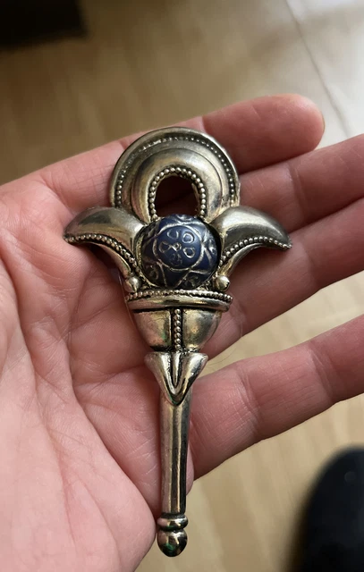 Broche Ancienne En Métal Argenté Avec Pierre Lapis-Lazuli - Modèle B28 - Occasion En Très Bon état