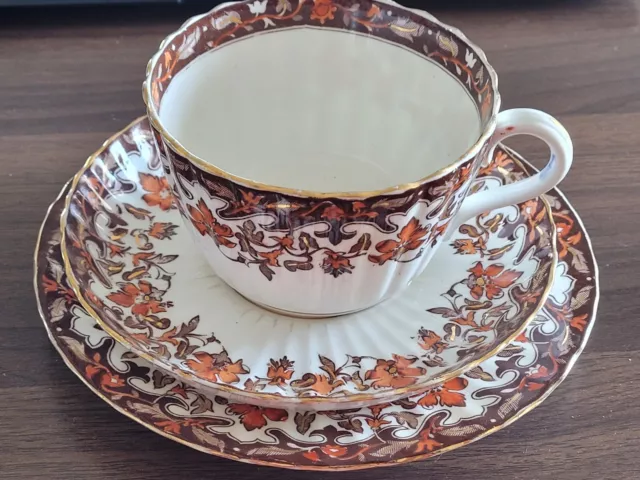Tea cup, saucer, plate ART DECO Brown Floral Gold trim BONE CHINA Tea Rooms