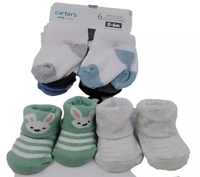 Lot 2 Child of Mine By  Carters 6 Pk Unisex Socks 0-6 M & 2 Pack Newborn Booties