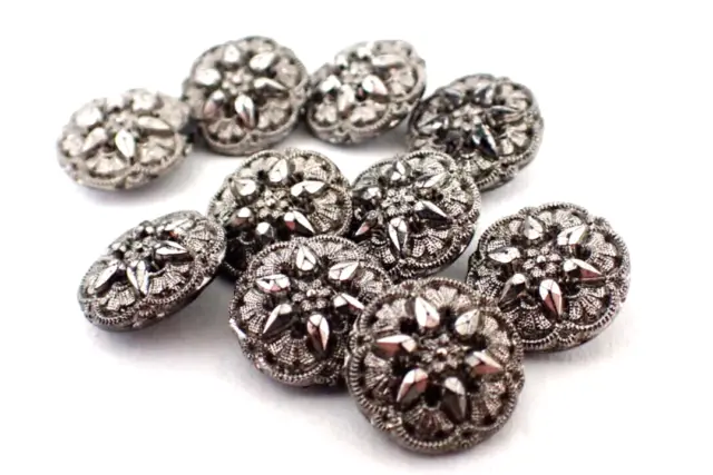 Matched Set 10 Victorian Lacy Buttons Silver Glass Flowers w/4 Way Brass Shanks