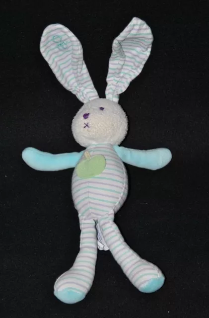 Peluche Doudou Lapin OBAIBI OKAIDI Rayé Violet Bleu Pomme Grelot 23 / 34 Cm TTBE